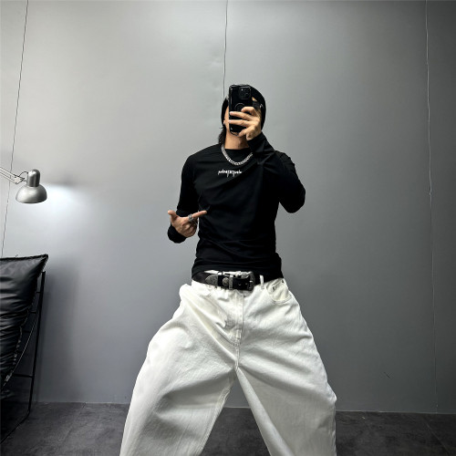 黑色高街修身长袖t恤男潮牌健身T