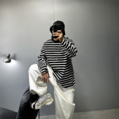 潮牌T日系宽松打底衫 380g重磅纯棉撞色条纹长袖 t恤男oversize阔版
