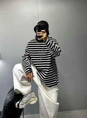 380g重磅纯棉撞色条纹长袖t恤男oversize阔版潮牌T日系宽松打底衫