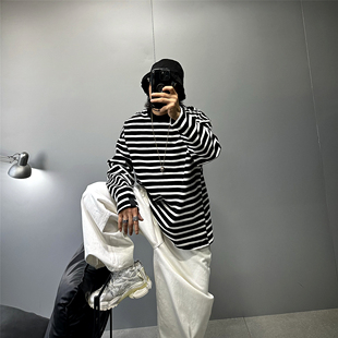 380g重磅纯棉撞色条纹长袖t恤男oversize阔版潮牌T日系宽松打底衫