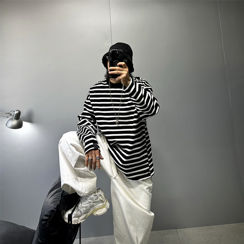 380g重磅纯棉扩版T条纹长袖t恤男