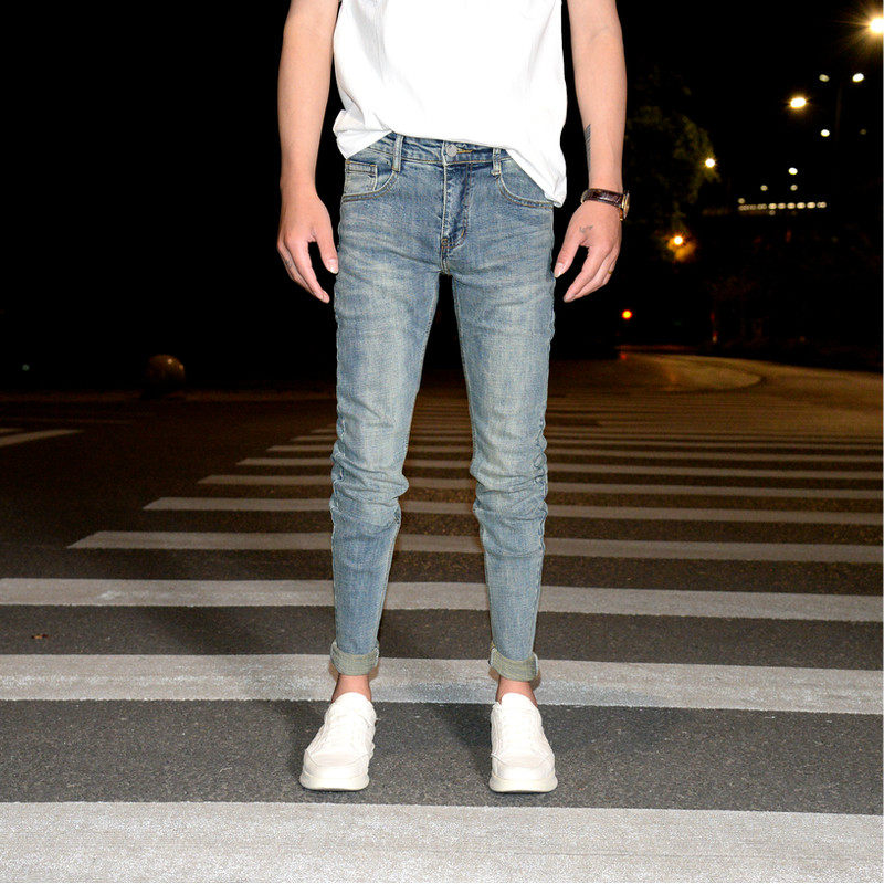 新款做旧复古水洗牛仔裤男士弹力修身光板小脚裤青年百搭韩版长裤