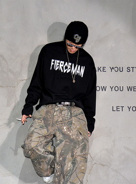 oversize溜肩阔版潮牌T字母印花长袖t恤男350g纯棉宽松黑色体恤衫