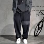 加绒加厚痞帅针织运动裤 黑色百搭松紧腰宽松直筒弯刀卫裤 男冬季 潮