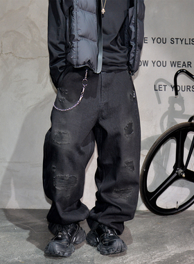 vibe街头痞帅破洞脏洗黑色弯刀牛仔裤男vintage宽松阔腿长裤子 潮