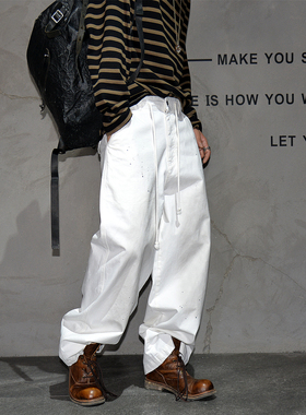巴恩风白色阔腿痞帅休闲裤男潮牌vibe脏洗甩漆日系宽松直筒长裤子