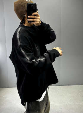 美式复古撞色拼接宽松版黑色卫衣男潮牌oversize溜肩廓型痞帅上衣