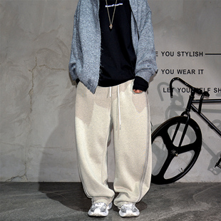 加绒加厚简约百搭休闲拖地长裤 日系慵懒风宽松阔腿弯刀卫裤 男冬季