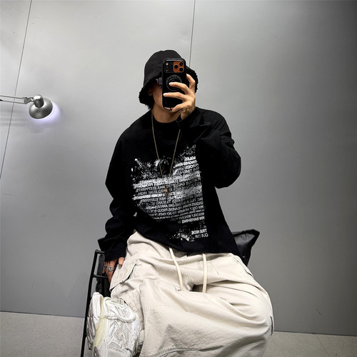 oversize重磅纯棉落肩长袖T恤男