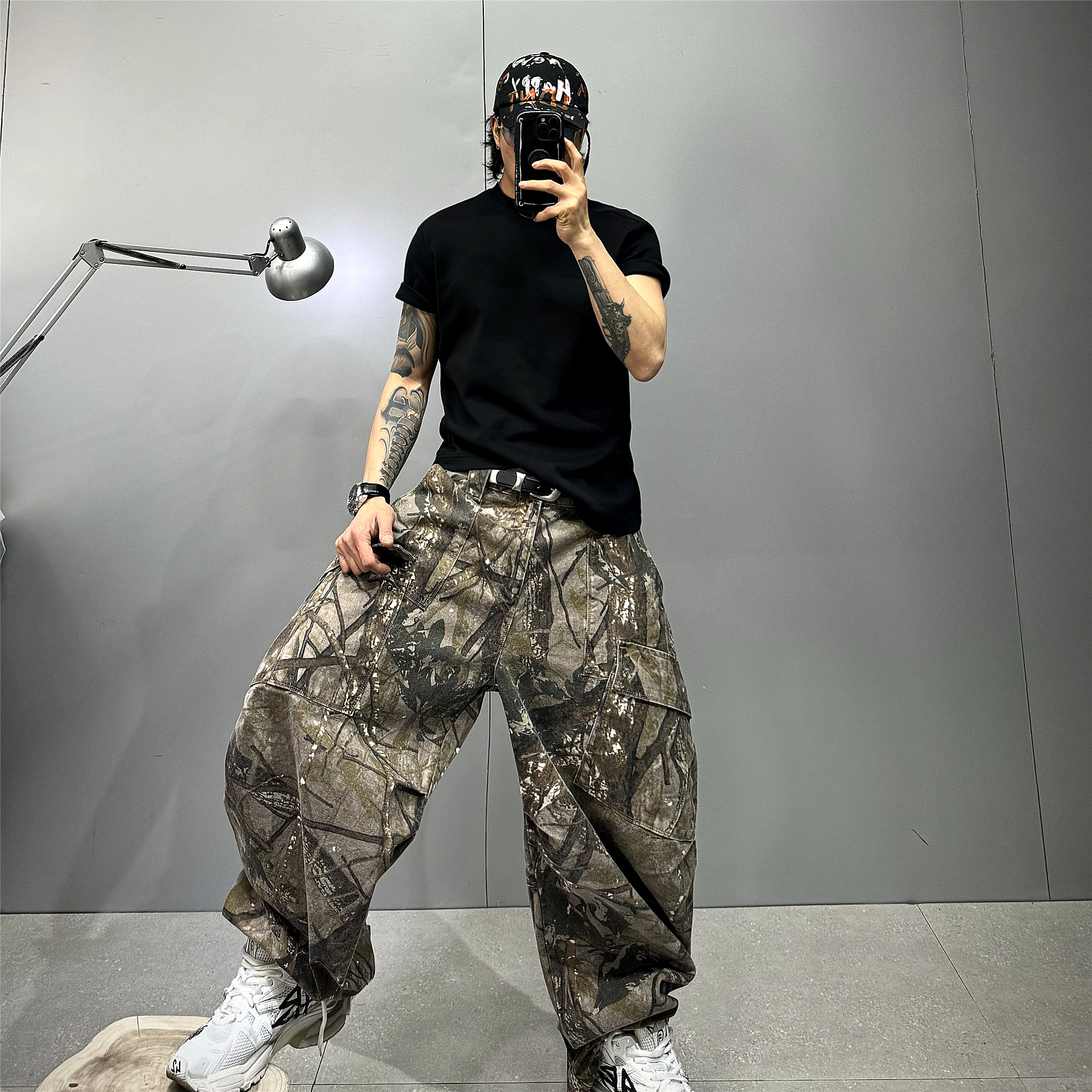 vibe风黑色修身短袖t恤男美式街头风痞帅纯色健身T百搭潮牌体恤衫