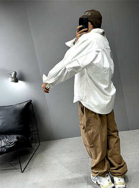 oversize廓形溜肩长袖白色衬衫男潮牌设计圆下摆龟背痞帅纯棉衬衣