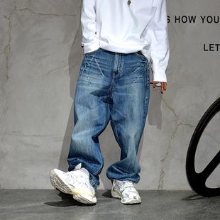男潮牌痞帅哈伦直筒老爹裤 美式 复古蓝色水洗做旧宽松阔腿牛仔长裤