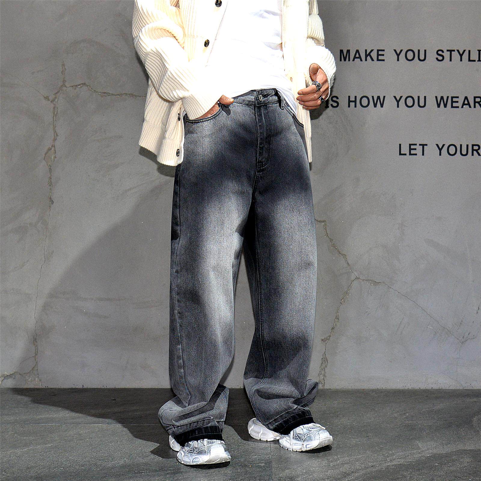 小众废土风渐变水洗黑色高腰阔腿牛仔裤男潮牌vibe烂边拖地长裤子
