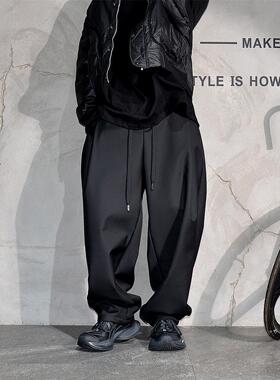 黑色垂坠高级感阔腿休闲西裤男日系潮牌纯色加绒加厚宽松直筒长裤