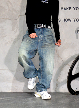 美式休闲蓝色做旧阔腿直筒牛仔裤男潮牌宽松痞帅松弛感通勤长裤子