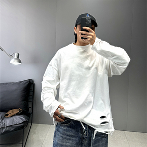 创意潮牌个性破洞长袖T恤男美式高街痞帅宽松休闲t纯棉打底衫上衣