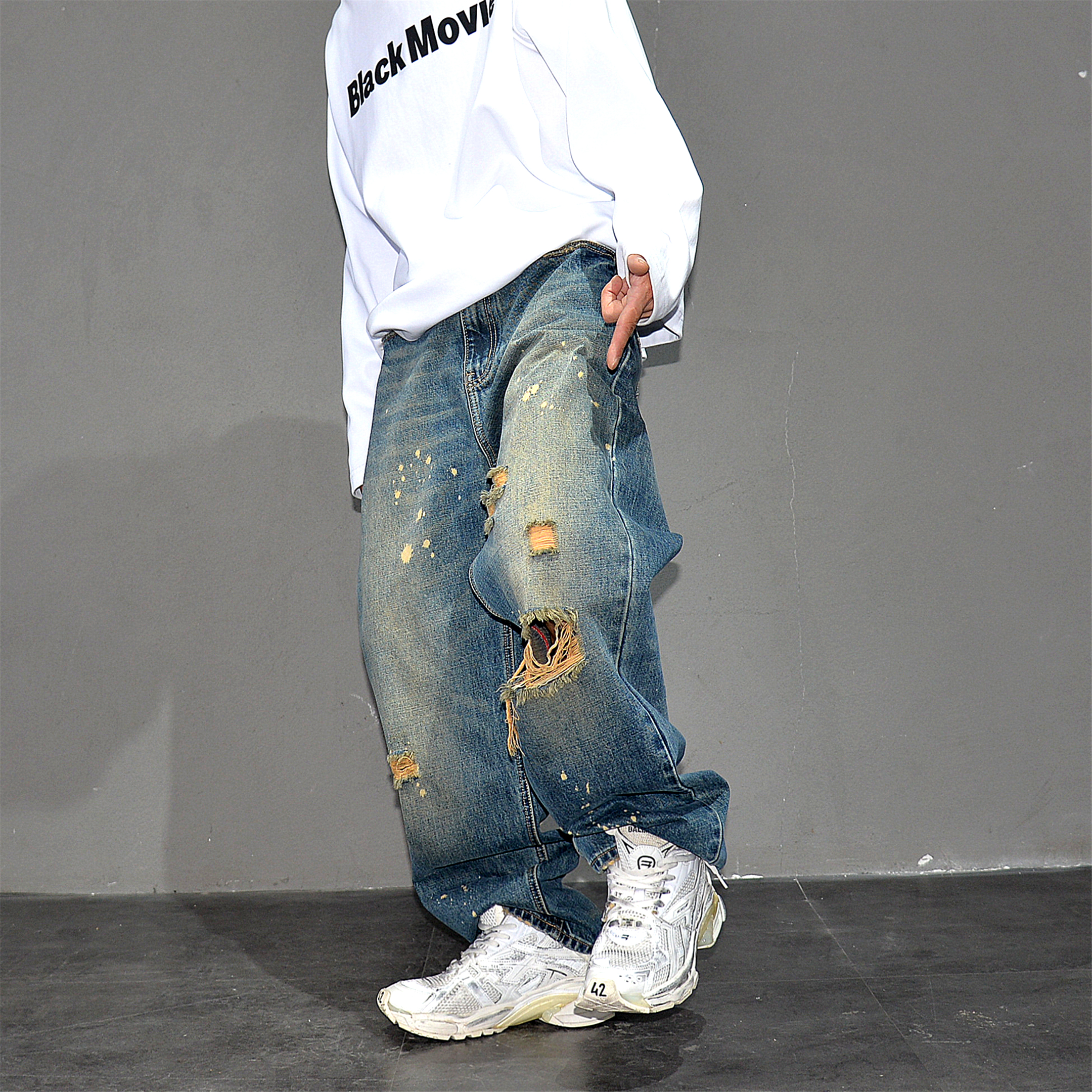 vibe破洞乞丐牛仔裤阔腿直筒长裤