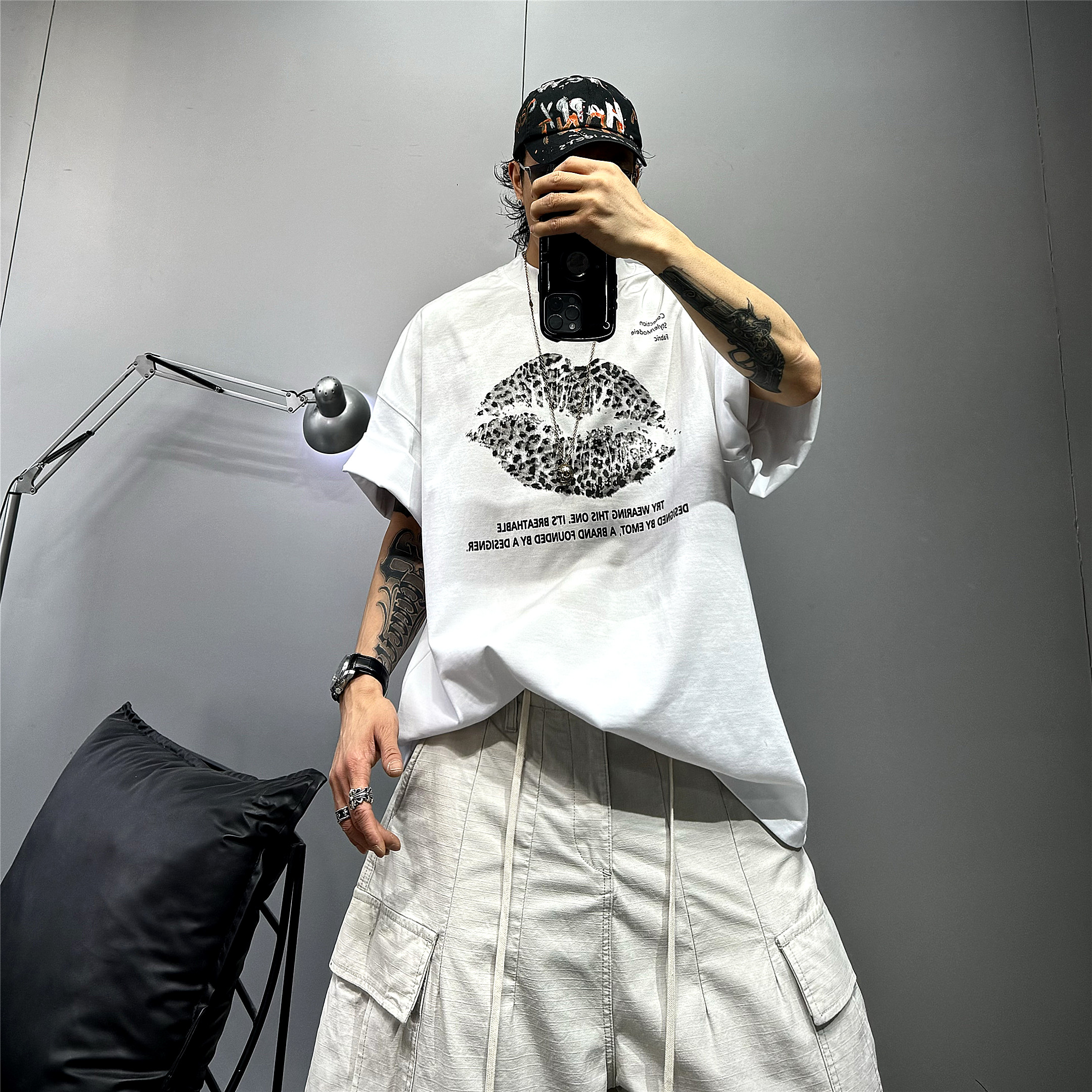 原创豹纹嘴唇印花短袖t恤男350g重磅纯棉宽松T恤衫 oversize潮牌T
