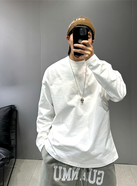 美式潮牌oversize宽松纯色长袖T恤男青年百搭扩版体恤纯棉白色t恤