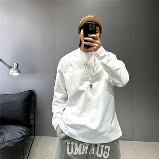 体恤纯棉白色t恤 T恤男青年百搭扩版 美式 潮牌oversize宽松纯色长袖