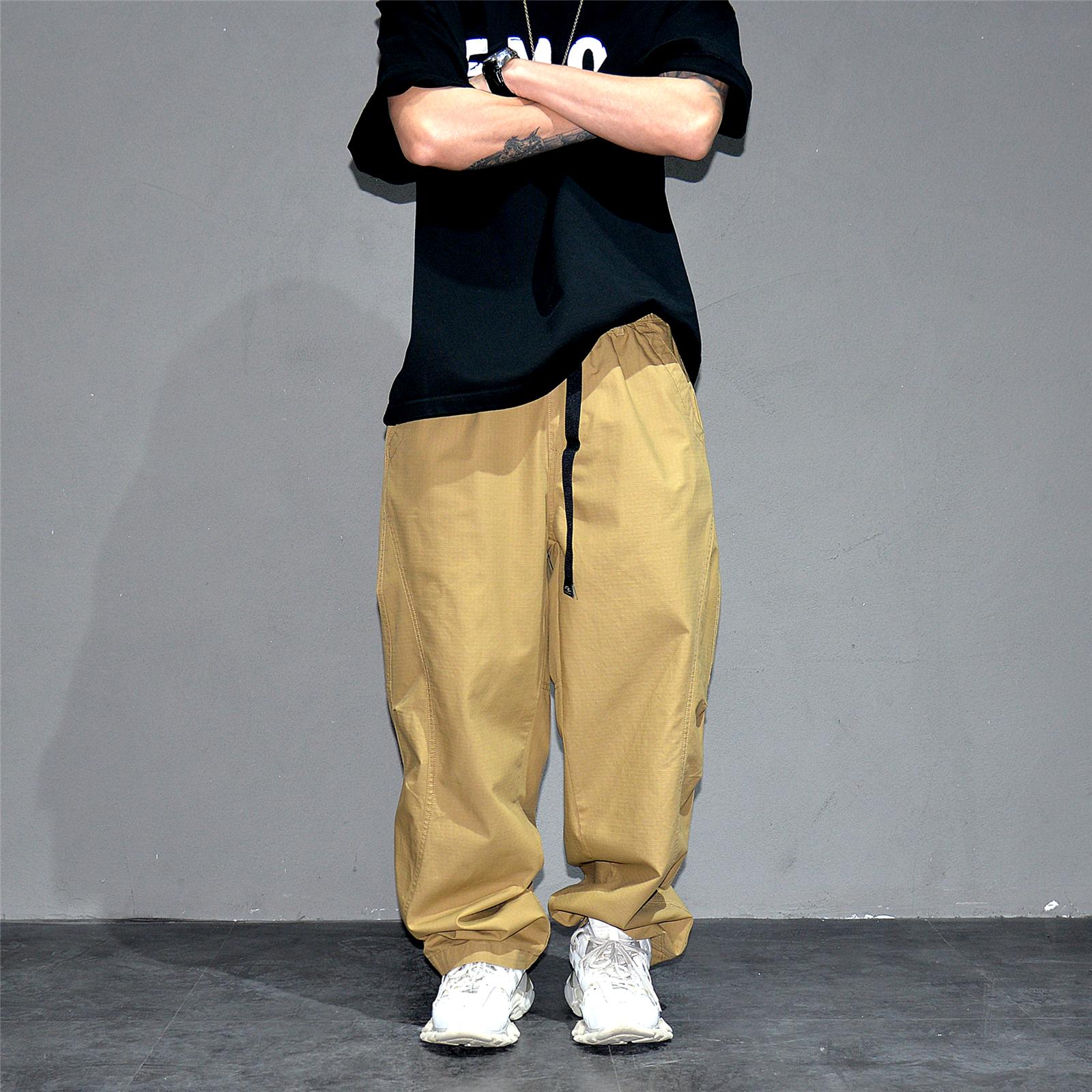 日系复古卡其色阔腿休闲长裤子男