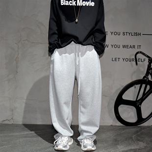 灰色宽松高级感褶皱阔腿休闲裤男潮流宽松垂感卫裤百搭直筒长裤子