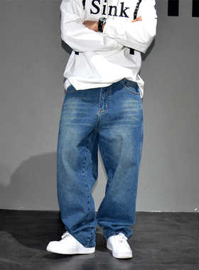 美式复古蓝色水洗宽松直筒牛仔裤男潮牌微垮痞帅通勤休闲大码长裤