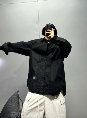 oversize廓形圆下摆黑色长袖衬衫男日系潮牌痞帅宽松休闲百搭衬衣