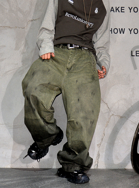 vintage废土风做旧渐变阔腿弯刀牛仔裤男 潮牌痞帅宽松廓形长裤子