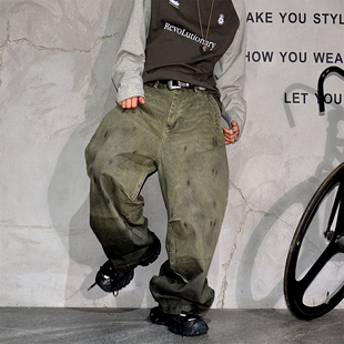 子 潮牌痞帅宽松廓形长裤 vintage废土风做旧渐变阔腿弯刀牛仔裤 男