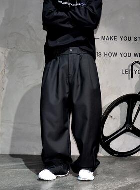 原创黑色宽松阔腿休闲西裤男潮牌痞帅加绒加厚直筒垂坠感拖地长裤