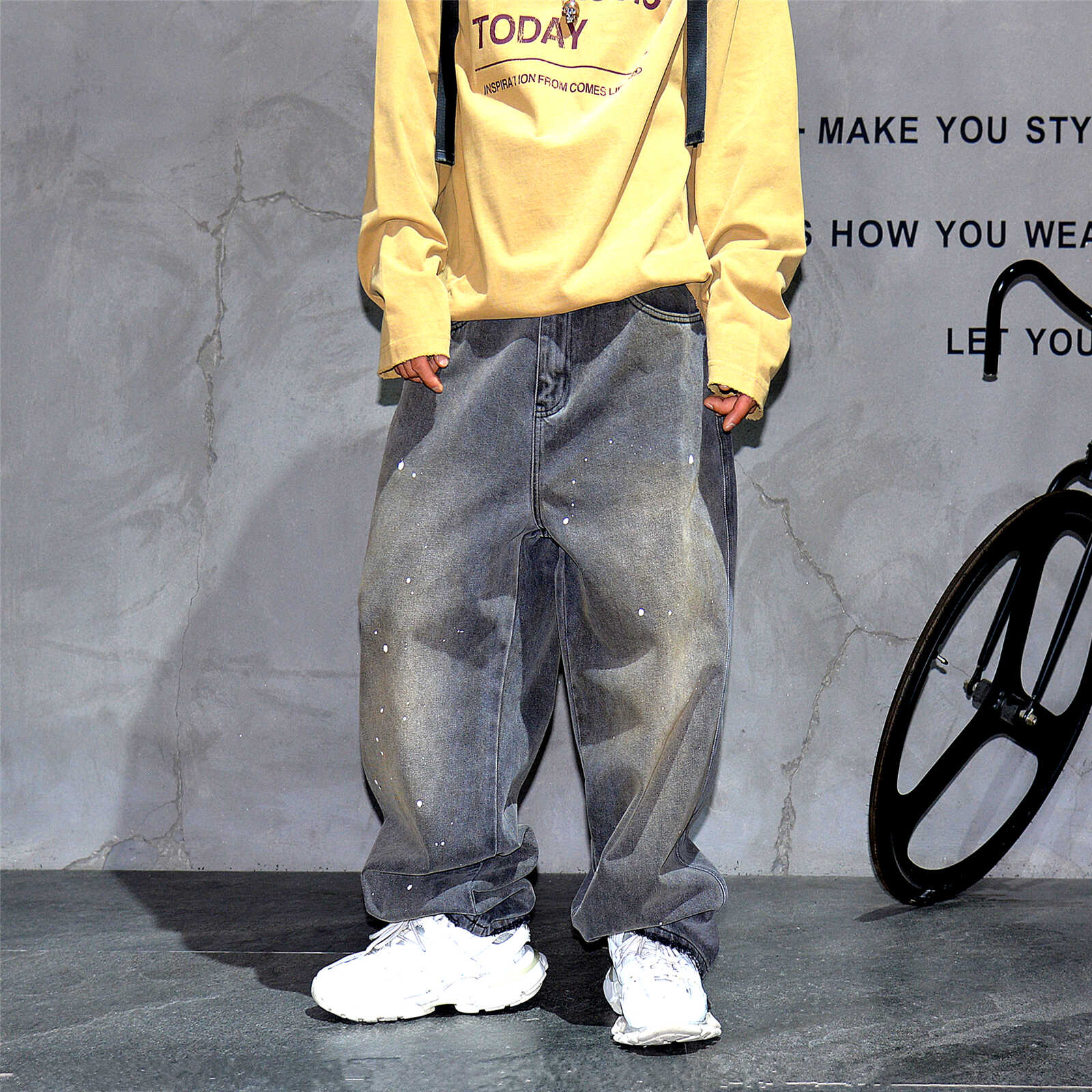 复古脏洗做旧潮牌阔腿长裤牛仔裤