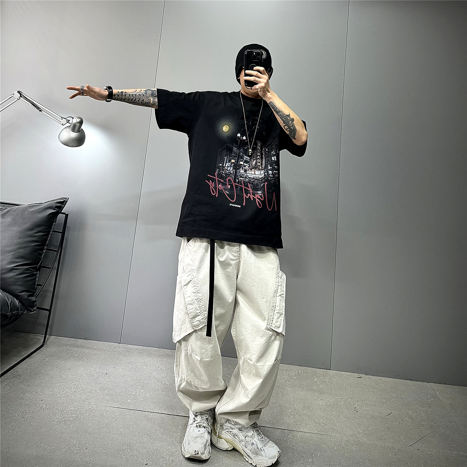 黑色重磅纯棉廓形短袖男t恤OOTD潮牌抽象复古印花休闲T宽松半袖衫