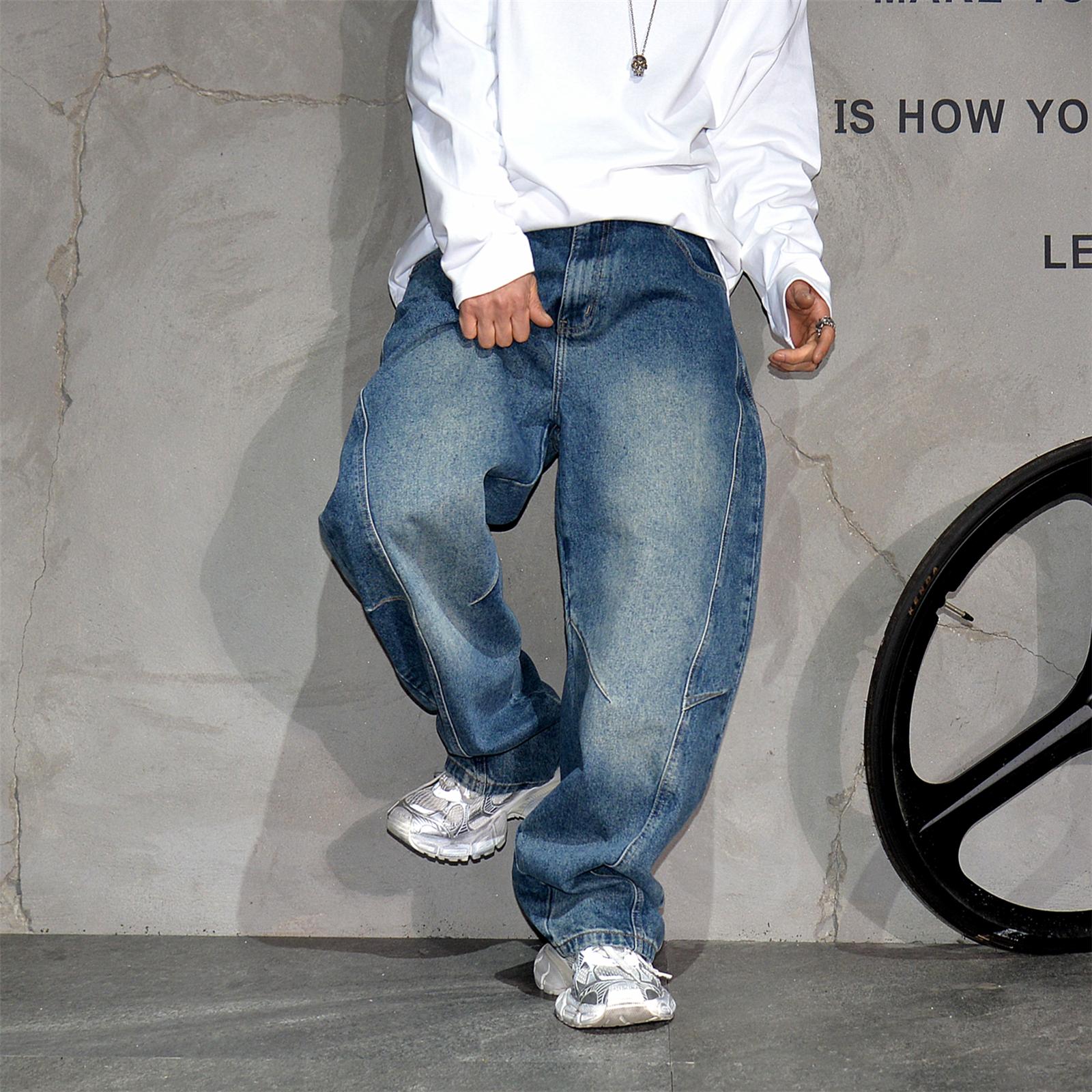 美式复古蓝色弯刀阔腿休闲牛仔裤