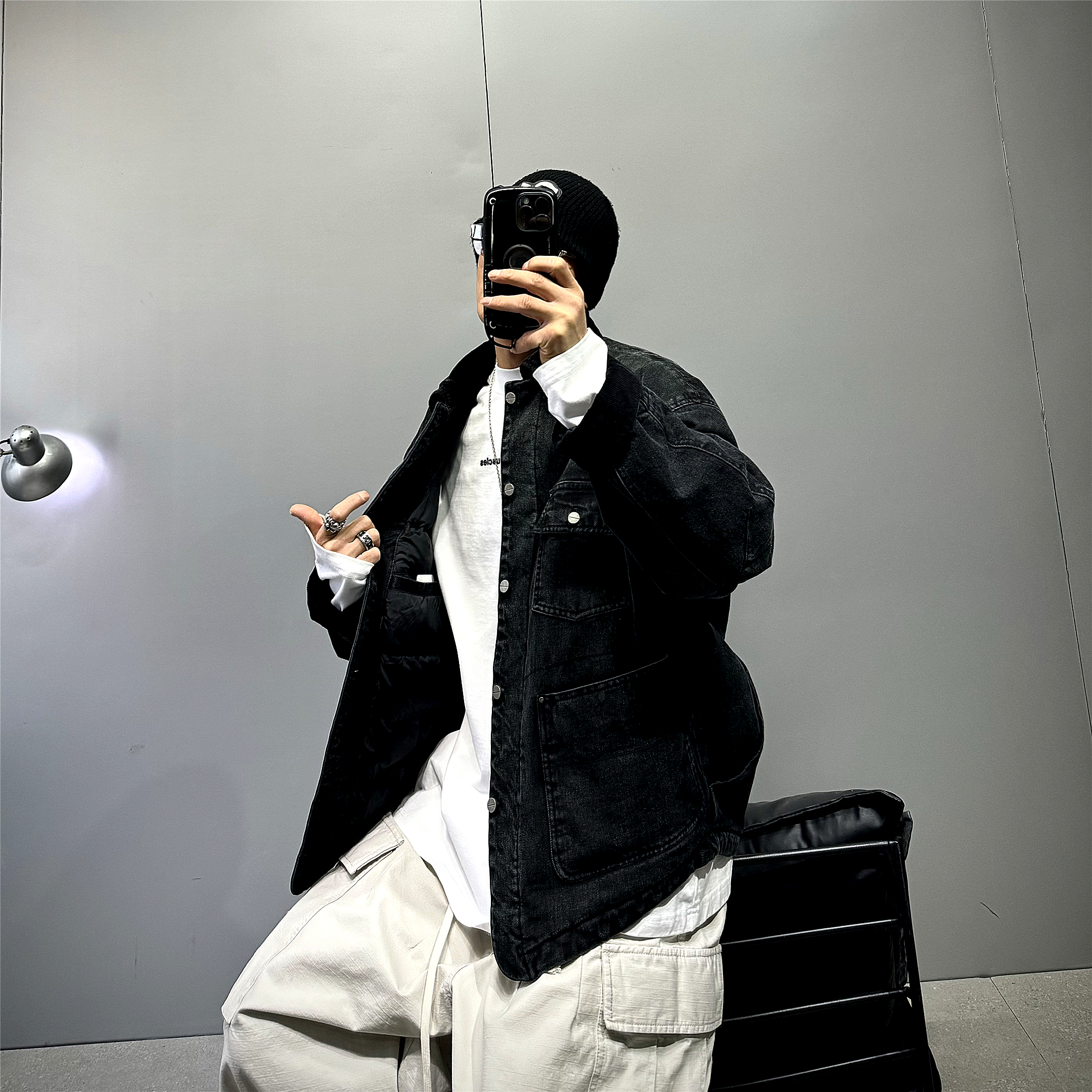 黑色短款廓形90白鹅绒牛仔羽绒服