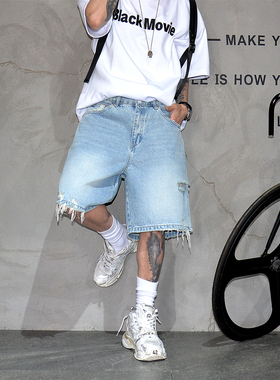 vintage美式复古浅蓝色破洞牛仔短裤男 潮牌宽松五分裤直筒中裤子