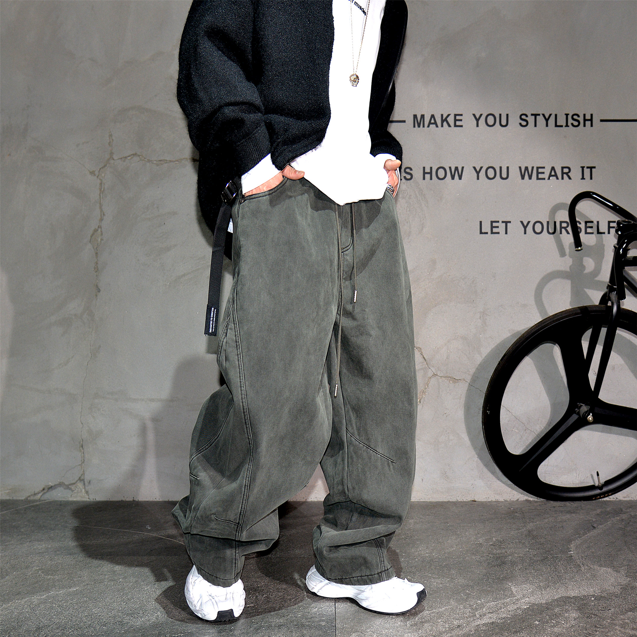 美式复古水洗阔腿裤男加绒加厚宽松休闲弯刀裤简约百搭直筒长裤子,男装,休闲裤,淘宝优惠券,粉丝福利购,淘宝优惠卷