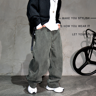 简约百搭直筒长裤 男加绒加厚宽松休闲弯刀裤 子 复古水洗阔腿裤 美式