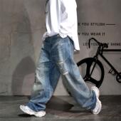 乞丐长裤 男潮牌痞帅宽松直筒大码 复古水洗做旧阔腿破洞牛仔裤 美式