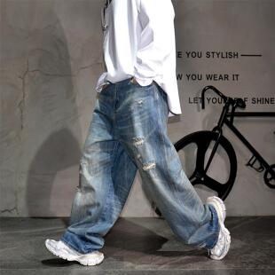 乞丐长裤 男潮牌痞帅宽松直筒大码 复古水洗做旧阔腿破洞牛仔裤 美式