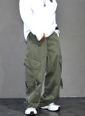 军绿色复古多口袋工装休闲裤男 潮牌A字阔腿直筒拖地裤痞帅长裤子