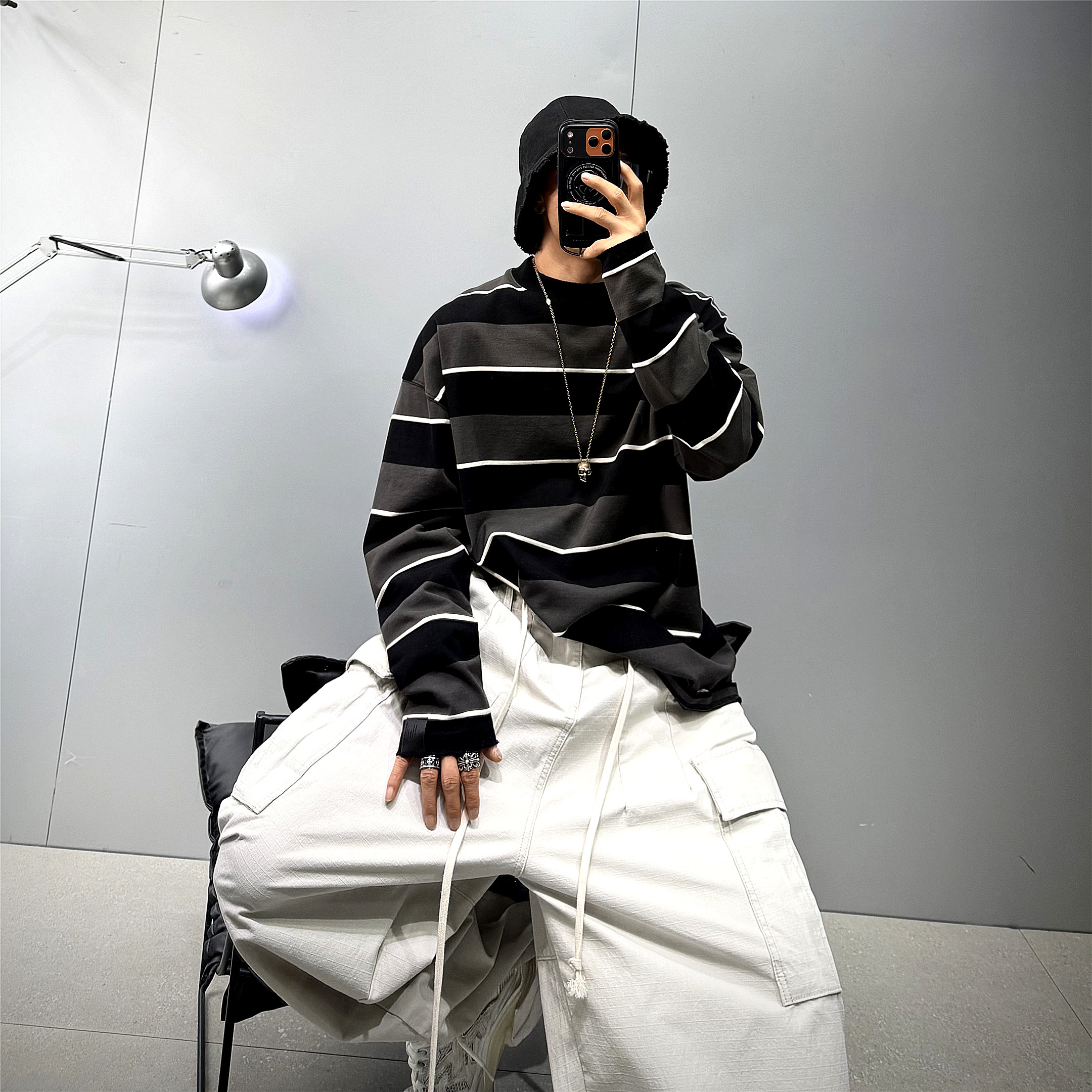 ootd复古撞色条纹宽松长袖T恤男t图片