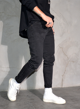 黑色简约弹力修身小脚牛仔裤男青年韩版潮流显瘦铅笔裤微垮锥形裤