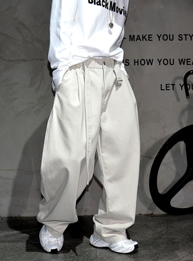 巴黎灰色日系慵懒风弯刀休闲裤男韩系潮牌宽松阔腿裤纯色百搭长裤
