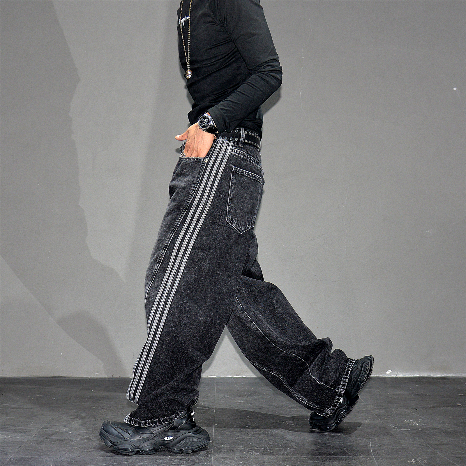 vibe黑色复古水洗阔腿拖地牛仔裤