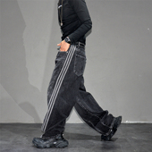 vibe黑色复古水洗阔腿牛仔裤 男潮牌宽松直筒三条杠痞帅拖地长裤 子