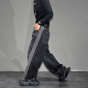 vibe黑色复古水洗阔腿牛仔裤男潮牌宽松直筒三条杠痞帅拖地长裤子