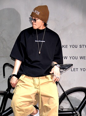 黑色纯棉350g重磅阔版短袖t恤男oversize落肩宽松五分半袖T恤衫潮