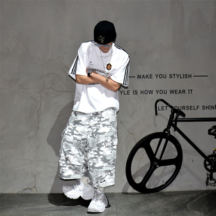 美式高街三条杠拼接廓型宽松短袖T恤男oversize潮牌痞帅运动半袖t