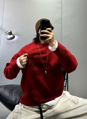 ins慵懒风字母印花套头长袖毛衣男 潮牌宽松休闲红色内搭针织毛衫